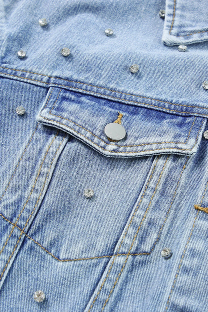 Mist Blue Rhinestones Studded Denim Jacket - Chic Meadow Boutique 