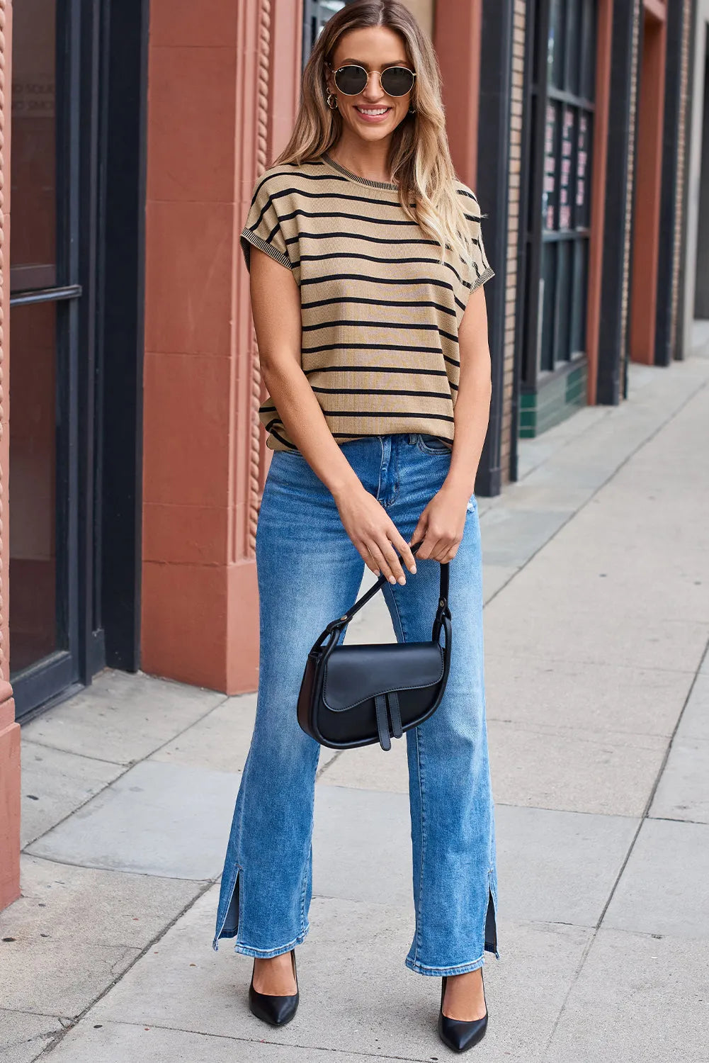 Khaki Stripe Knitted Bat Sleeve T Shirt - Chic Meadow Boutique 