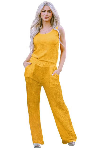 Yellow Crinkled U Neck Tank Top and Wide Leg Pants Set - Chic Meadow Boutique 