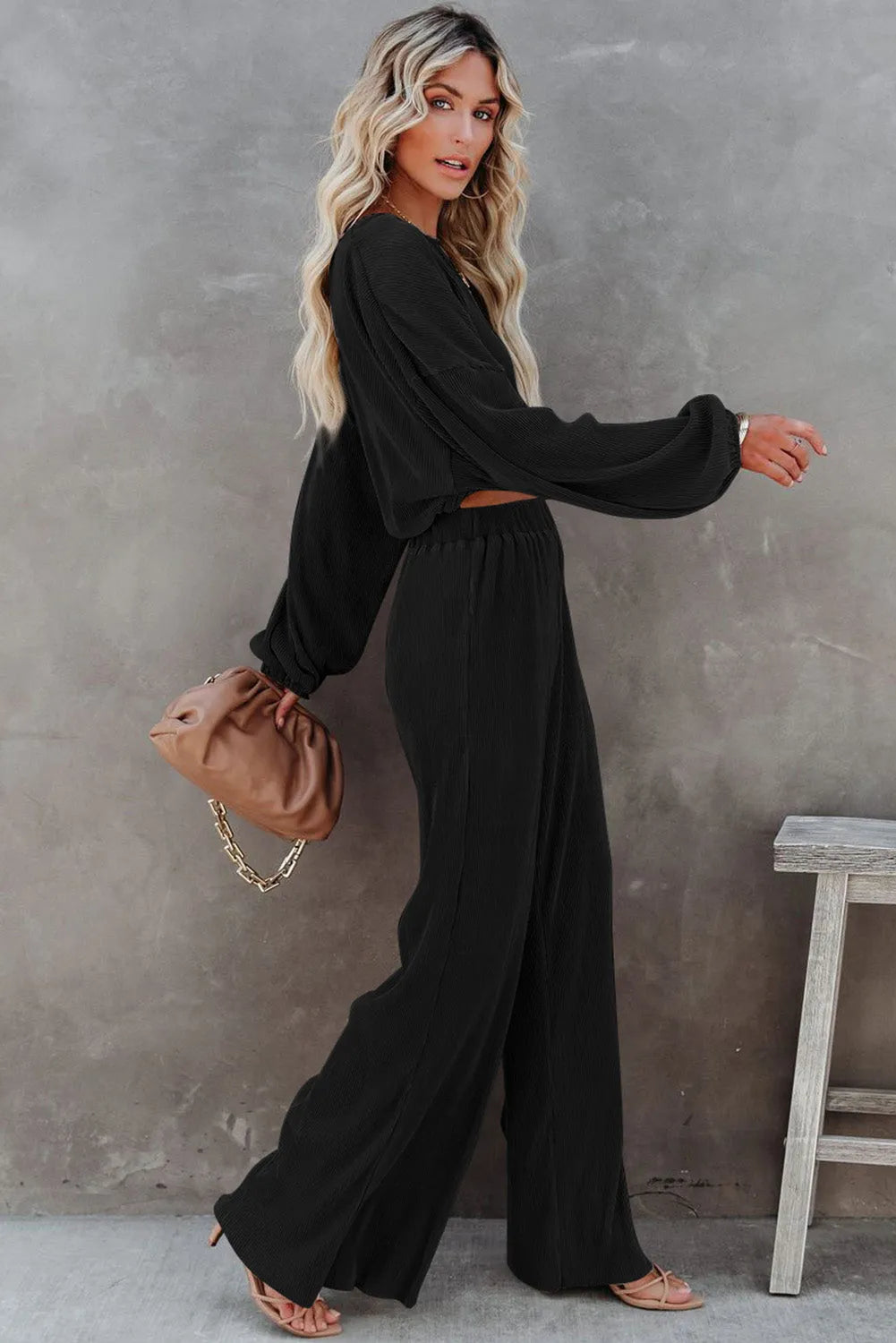 Black Corded Cropped Pullover and Wide Leg Pants Set - Chic Meadow Boutique 