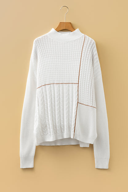 White Mix Texture Patchwork Contrast Stitch Mock Neck Sweater