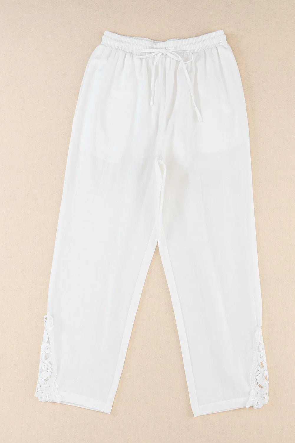 White Lace Splicing Drawstring Casual Cotton Pants - Chic Meadow Boutique 