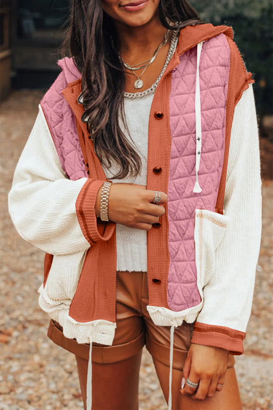 Coral Quilted Textured Patchwork Loose Fit Hooded Jacket - Chic Meadow Boutique 