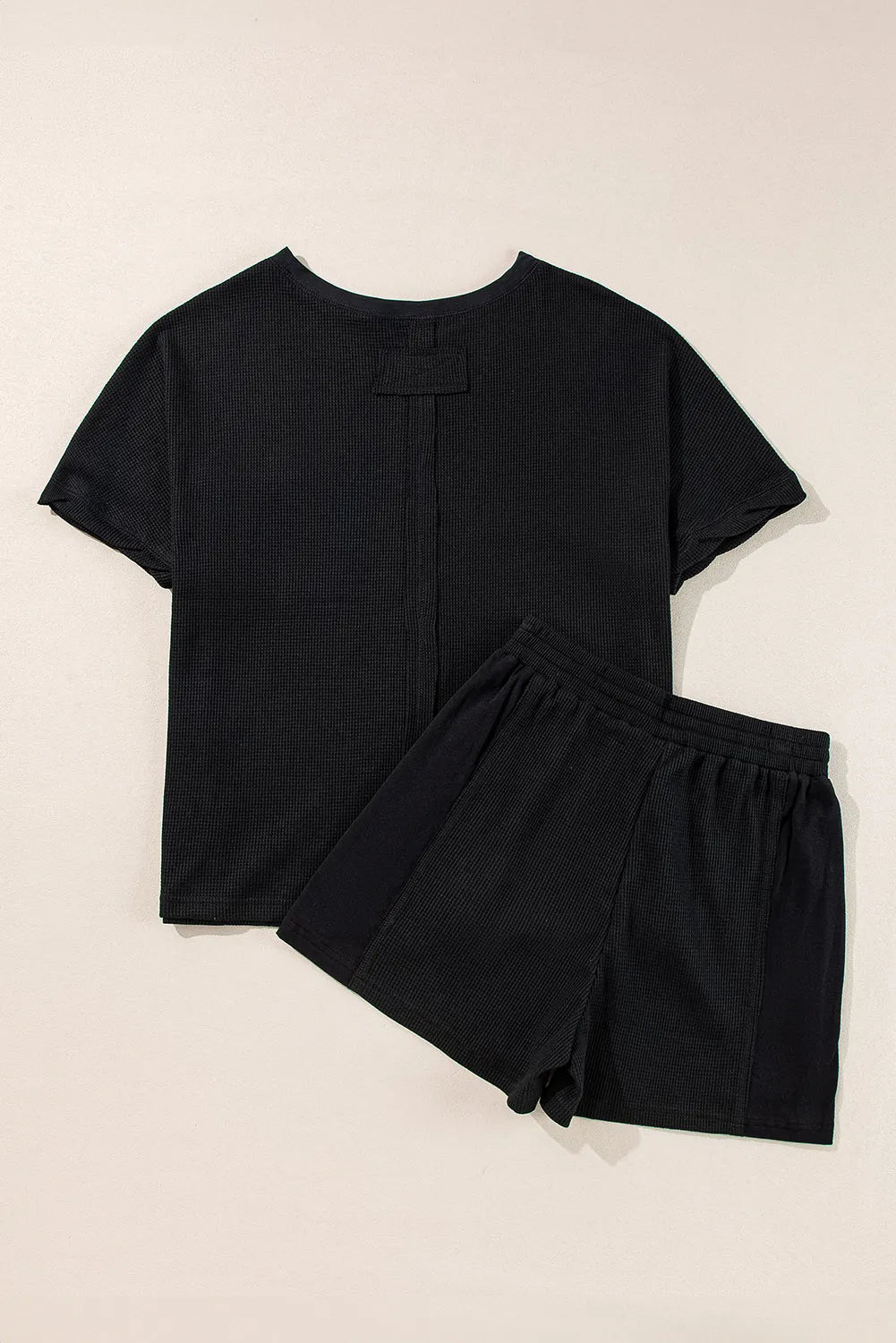 Black Waffle Knit Oversize Tee and Shorts Set - Chic Meadow Boutique 