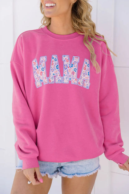 Rose Red Floral MAMA Embroidered Graphic Pullover Sweatshirt - Chic Meadow Boutique 