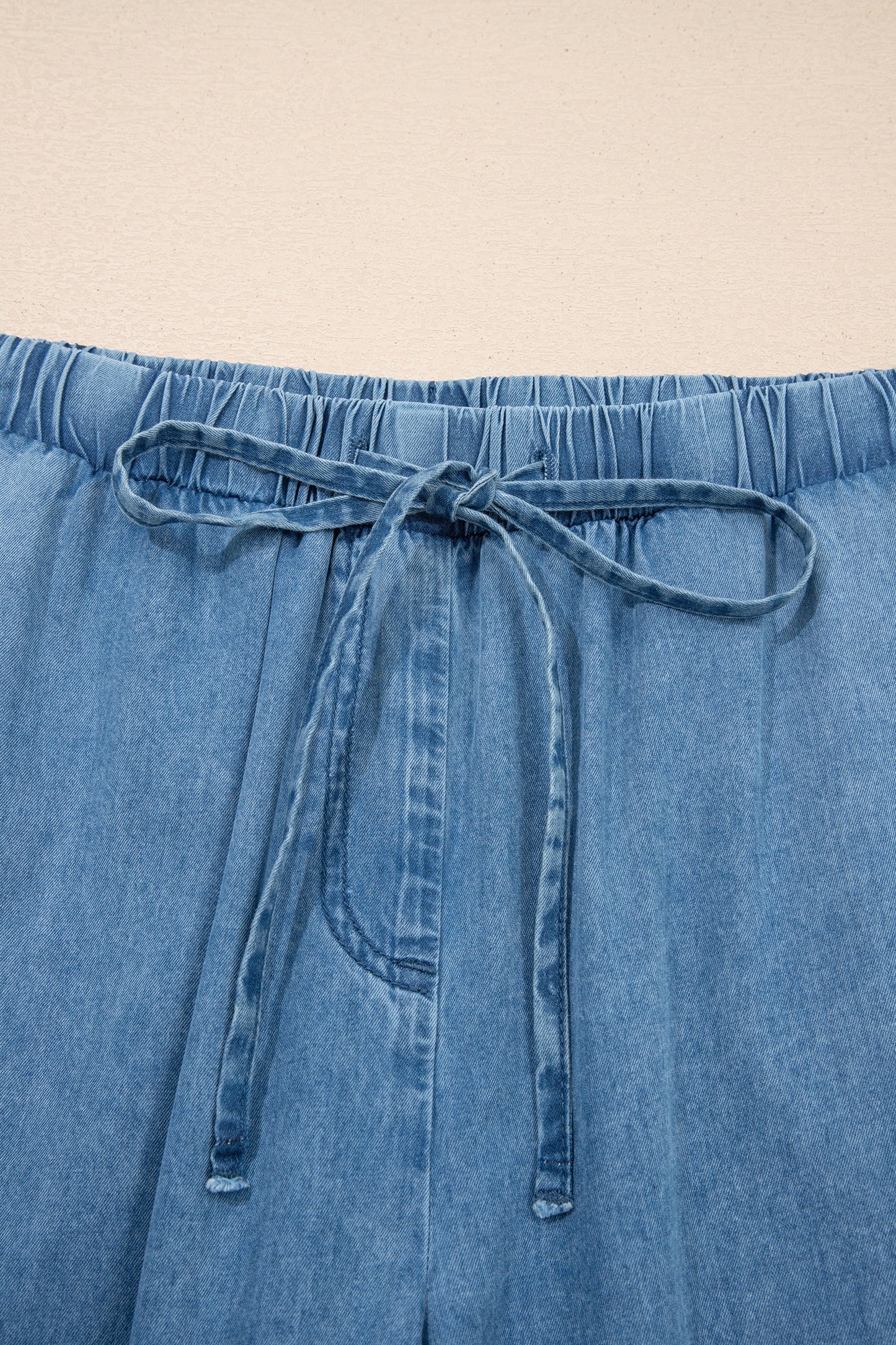 Dusk Blue Ruffled Hem Wide Leg Chambray Pants