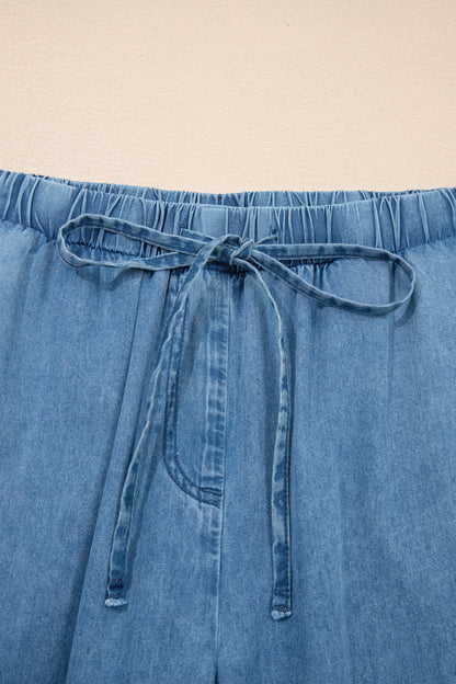 Dusk Blue Ruffled Hem Wide Leg Chambray Pants