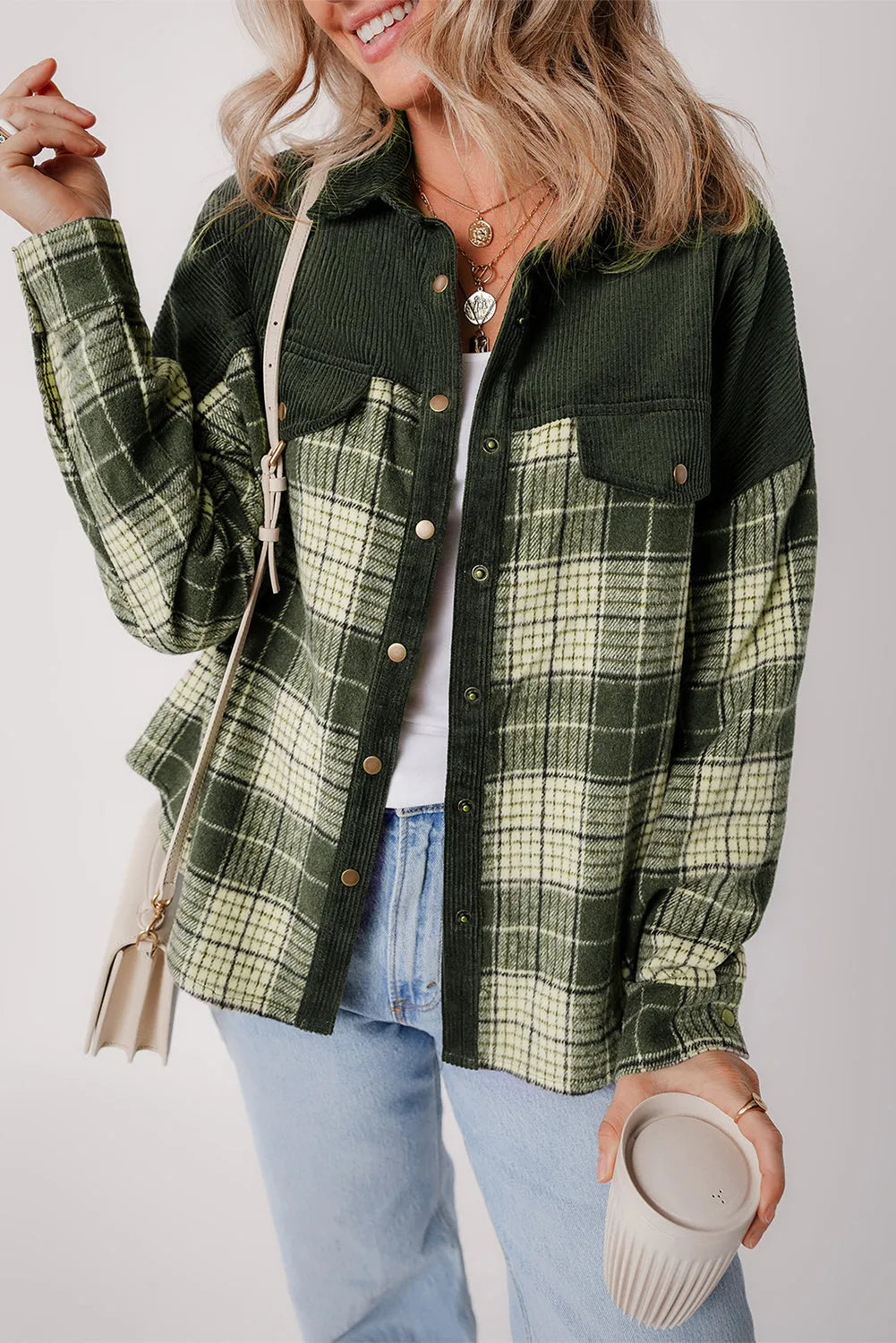 Blackish Green Snap Buttons Colorblock Plaid Shacket - Chic Meadow Boutique 