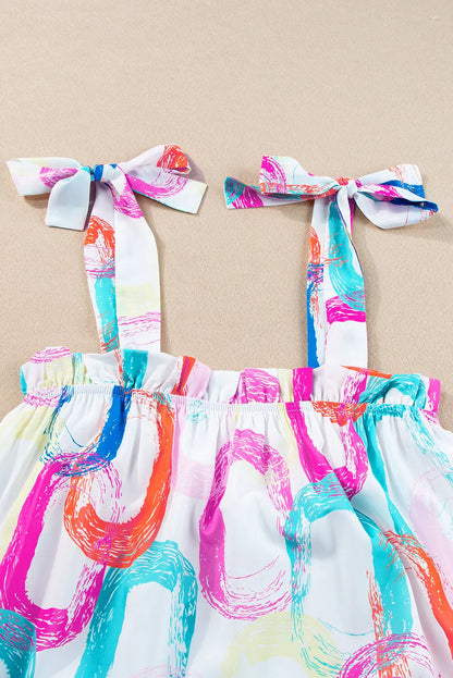 White Abstract Print Knotted Straps Ruffled Mini Dress - Chic Meadow Boutique 