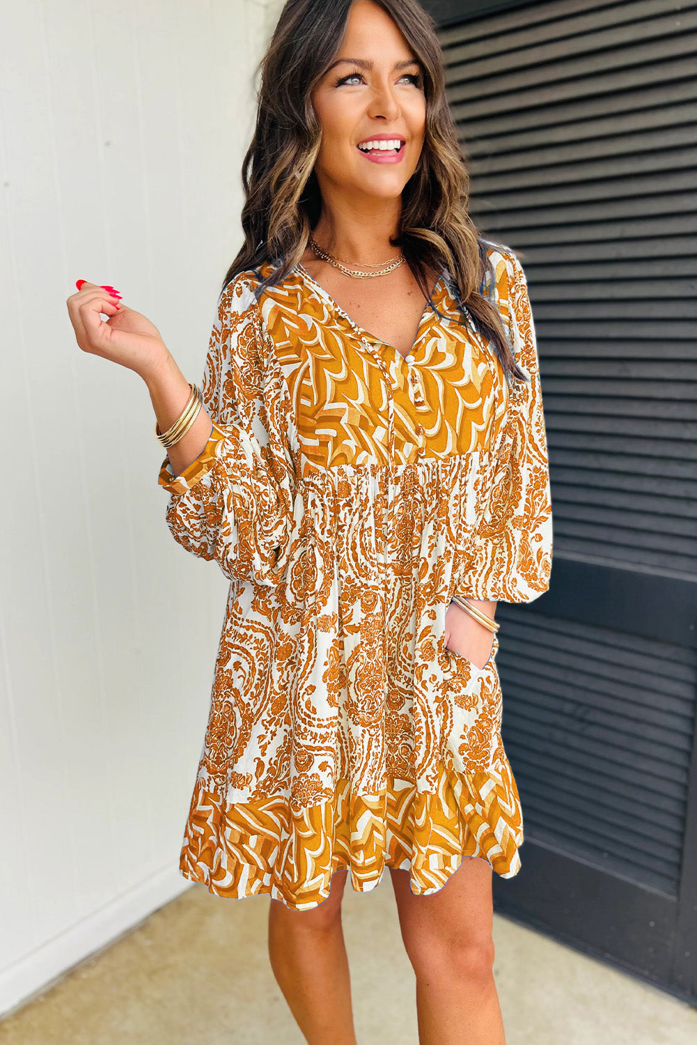 Orange Bohemian Print Puff Sleeve Tied V Neck Flared Mini Dress - Chic Meadow Boutique 