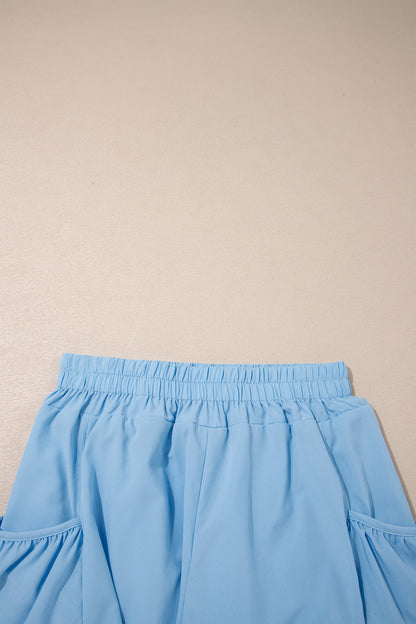 Mist Blue Ribbed Slim Tank Pocketed Wide Leg Shorts Set