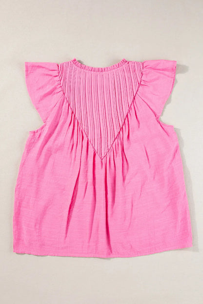 Bright Pink Textured Split Neck Patchwork Flutter Gauze Blouse - Chic Meadow Boutique 