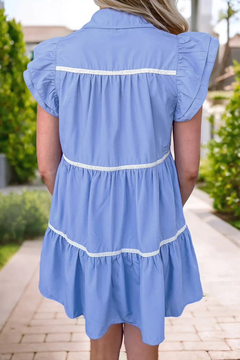 Sky Blue Lace Trim Accent Ruffled Tiered Dress - Chic Meadow Boutique 