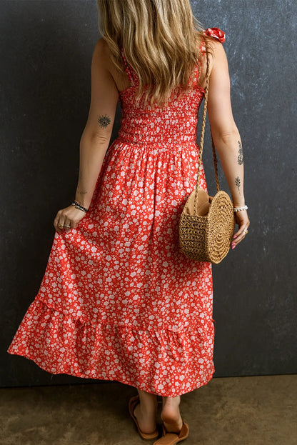 Red Boho Floral Self Tie Straps Smocked Bodice Long Dress - Chic Meadow Boutique 