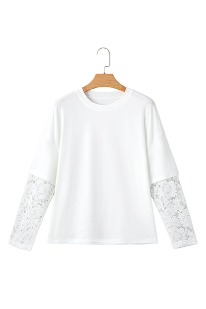 White Lace Long Sleeve Insert Drop Shoulder Tee