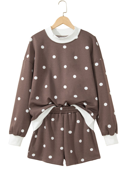 Brown Polka Dot Ribbed Trim Long Sleeve Top Casual Short Set