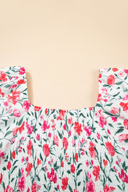 Pink Floral Puff Sleeve Square Neck Empire Waist Tiered Maxi Dress