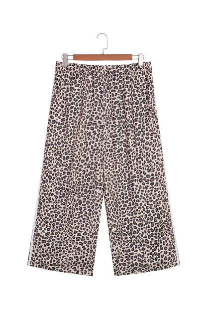 Beige Plus Size Leopard Print Side Stripes Detail Casual Pants