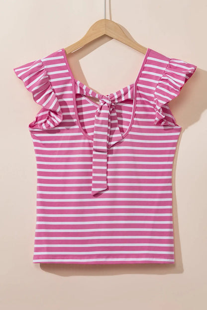 Pink Stripe Butterfly Sleeve V Neck Hollowed Knot Back T Shirt - Chic Meadow Boutique 