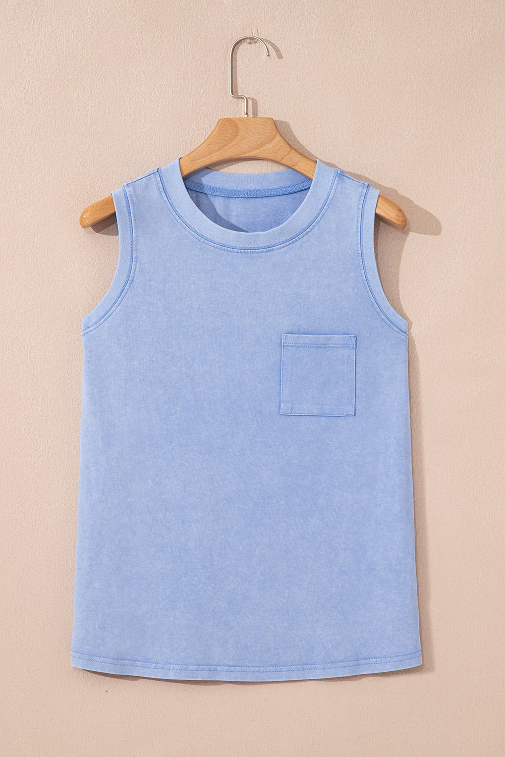 Beau Blue Mineral Wash Patched Chest Pocket Casual Tank Top
