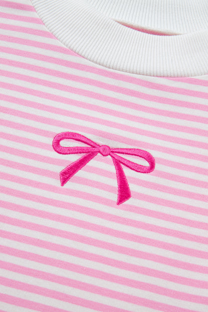 Pink Stripe Bow Embroidered Bow Contrast High Neck Baggy Sweatshirt