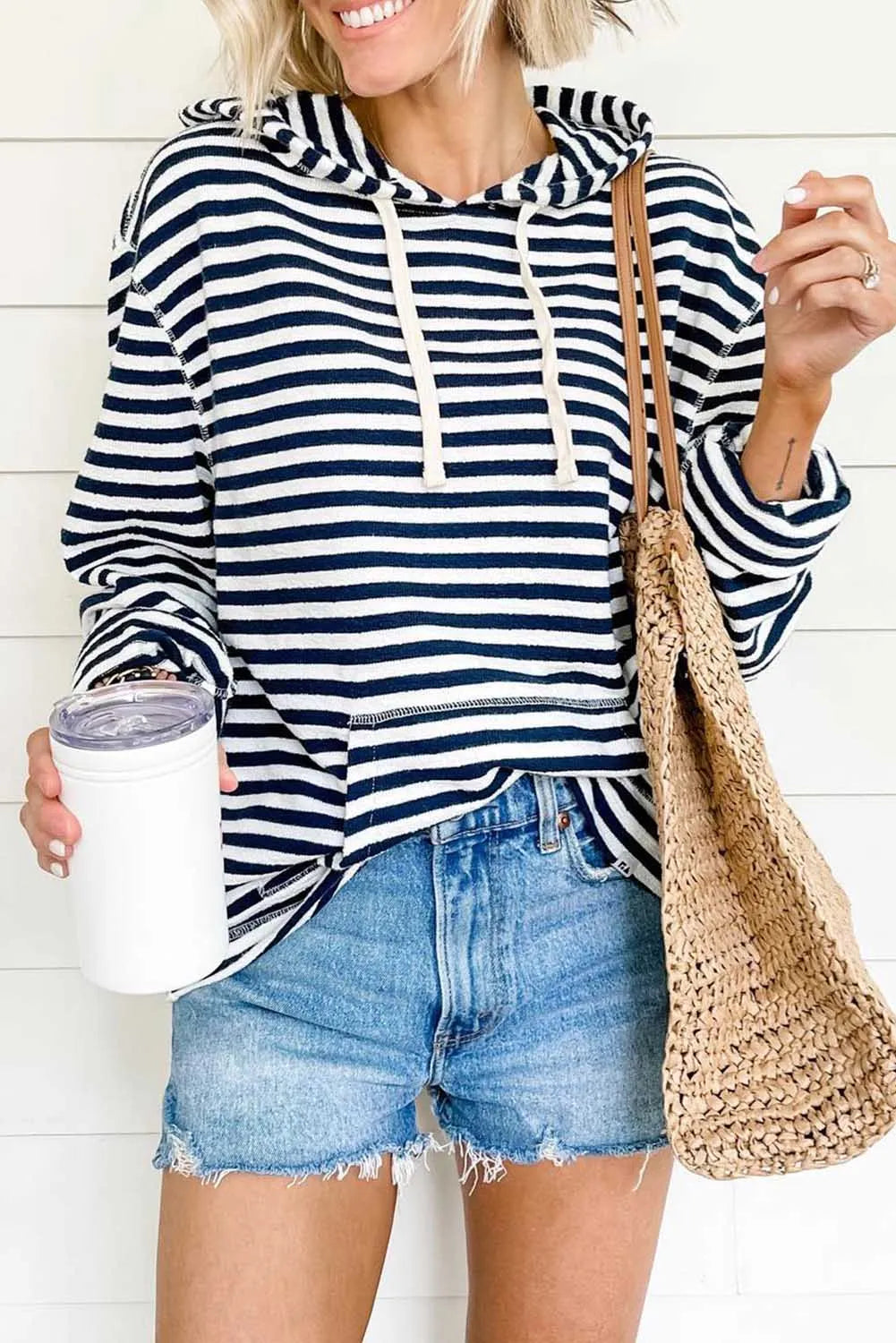 Stripe Kangaroo Pocket Drawstring Hoodie - Chic Meadow Boutique 