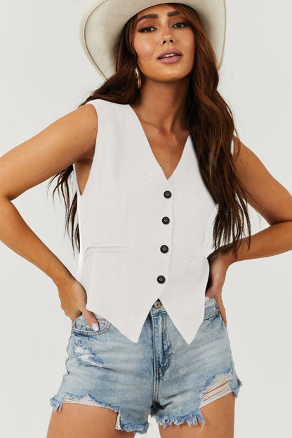 White Solid Color Button up V Neck Suit Vest - Chic Meadow Boutique 