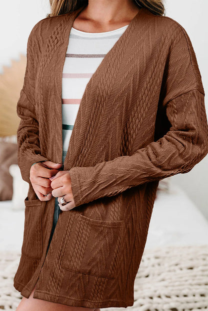 Coffee Solid Textured Open Front Cardigan with Pocket - Chic Meadow Boutique 