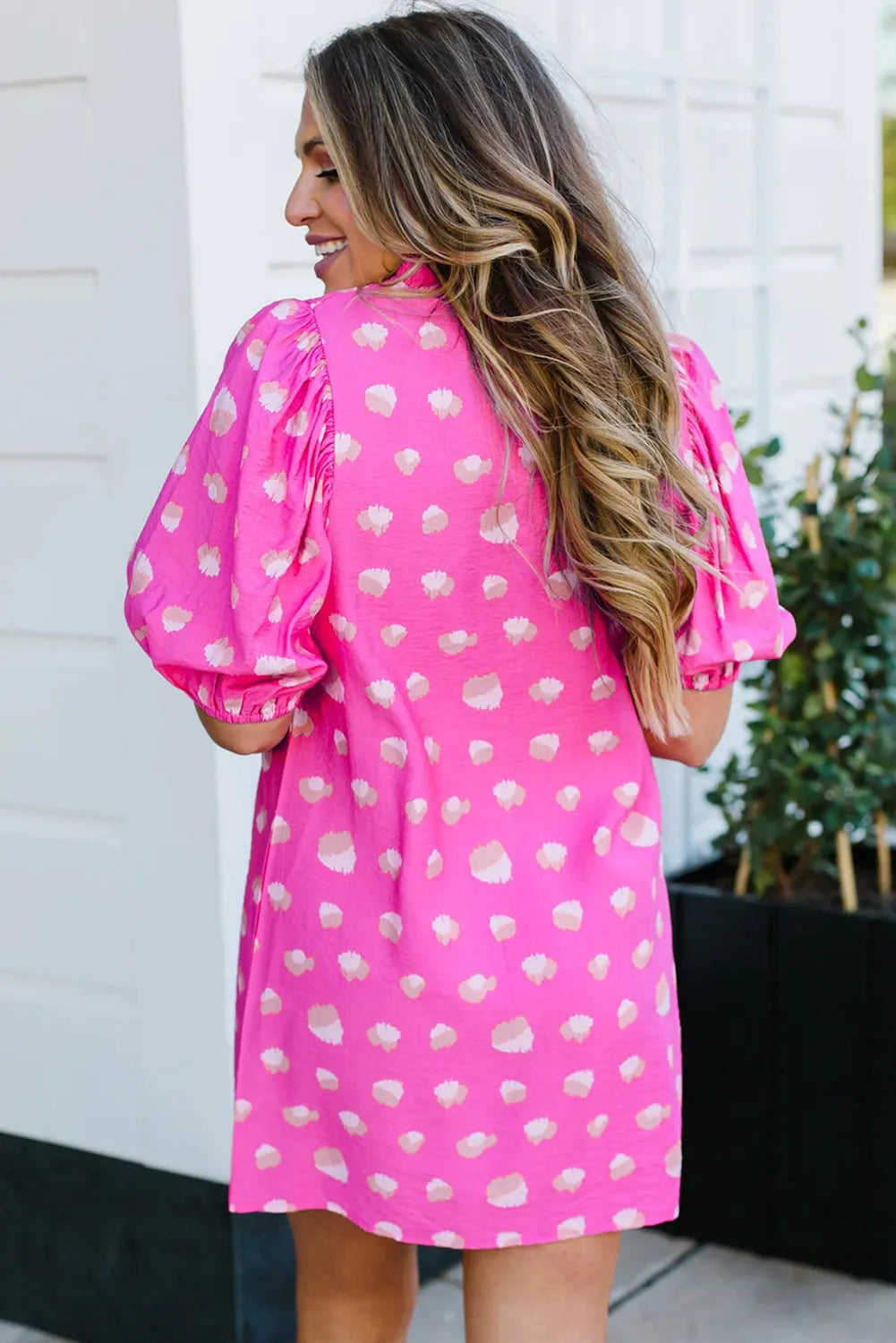 Bright Pink Printed Shirred Yoke Half Puff Sleeve Dress - Chic Meadow Boutique 