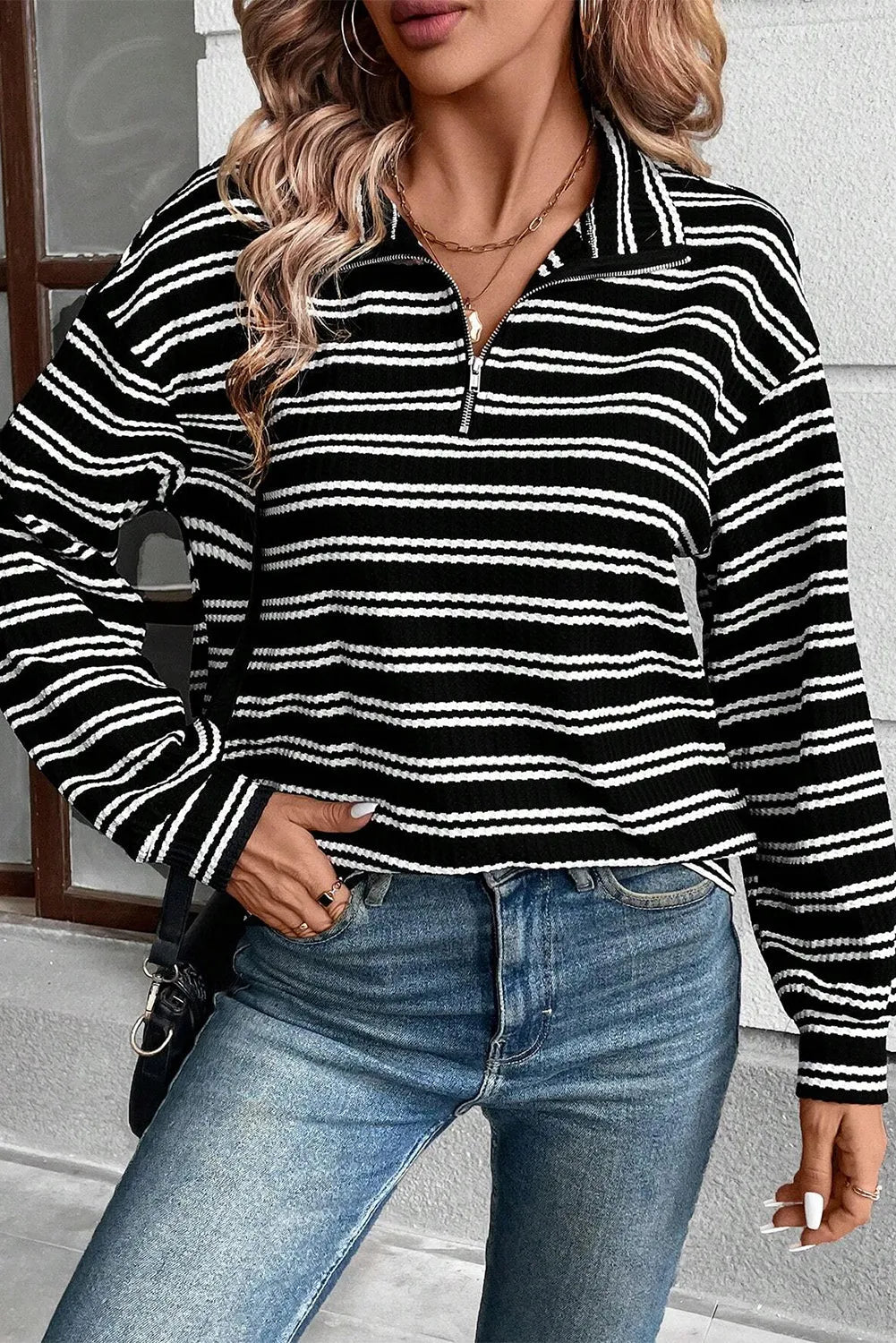 Black Stripe Textured Quarter Zip Collar Long Sleeve Top - Chic Meadow Boutique 