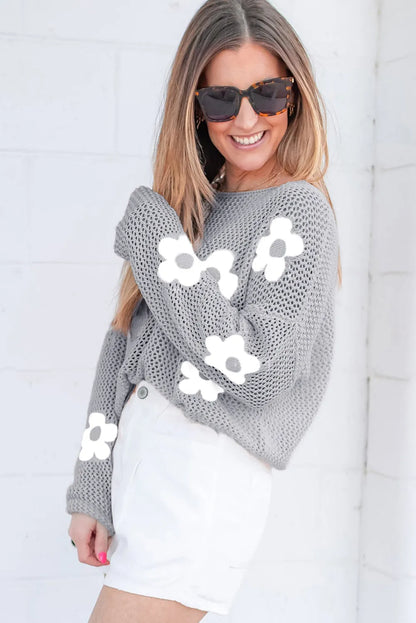 Light Grey Big Flower Hollowed Knit Drop Shoulder Sweater - Chic Meadow Boutique 