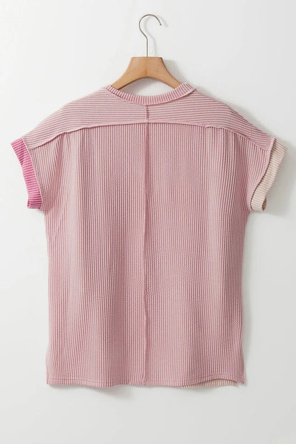 Pink Textured Colorblock Crew Neck T Shirt - Chic Meadow Boutique 