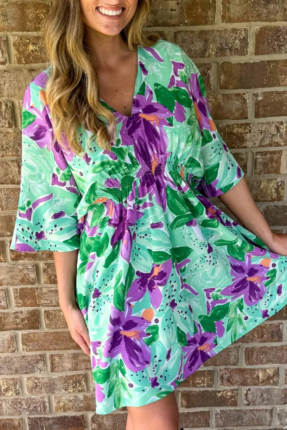 Green Boho Floral Half Sleeve V Neck Shirred Waist Mini Dress - Chic Meadow Boutique 