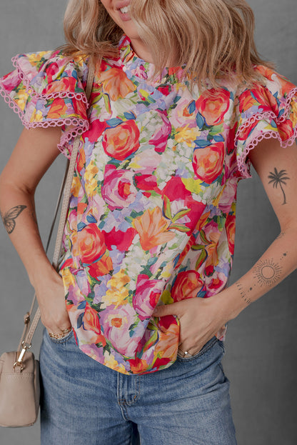 Multicolour Lace Trim Ruffle Short Sleeve Floral Blouse