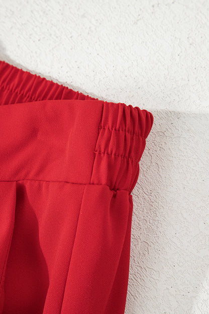 Fiery Red Pleated Detail Pull On High Elastic Waist Loose Straight Pants