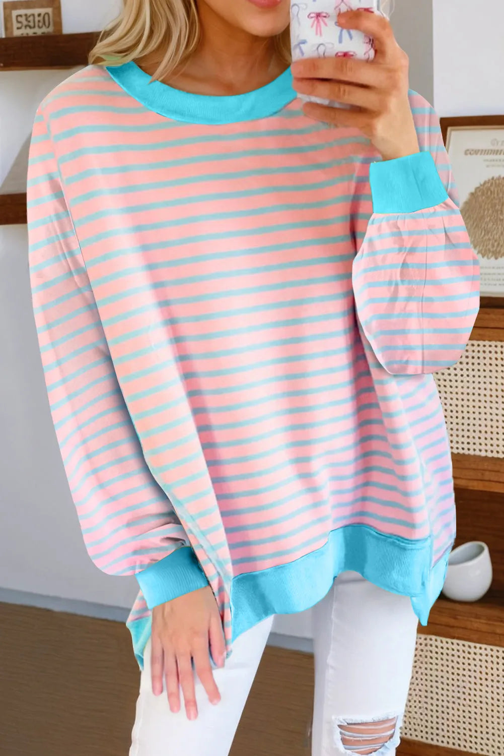 Pink Stripe Contrast Trim High Low Pullover Tunic Sweatshirt - Chic Meadow Boutique 