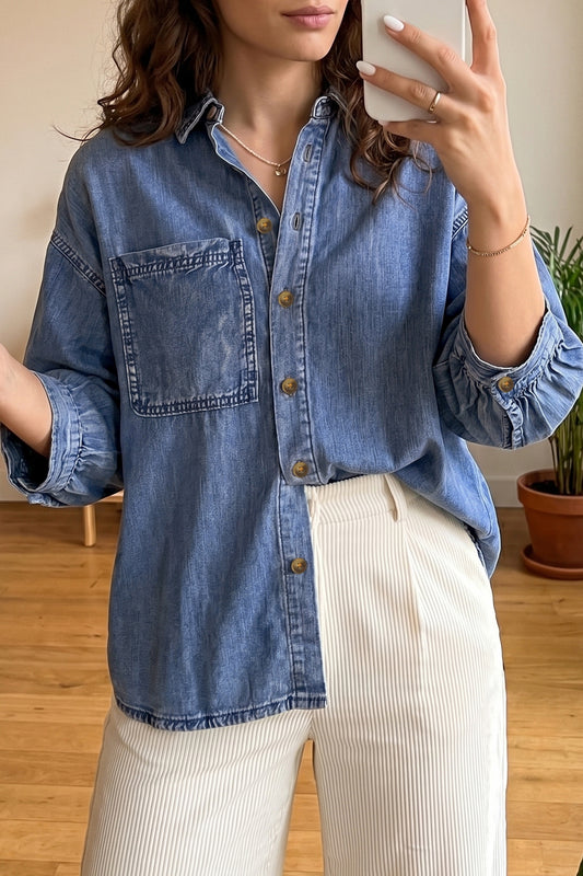 Dusk Blue Three Quarter Sleeve Button Front Loose Denim Shirt