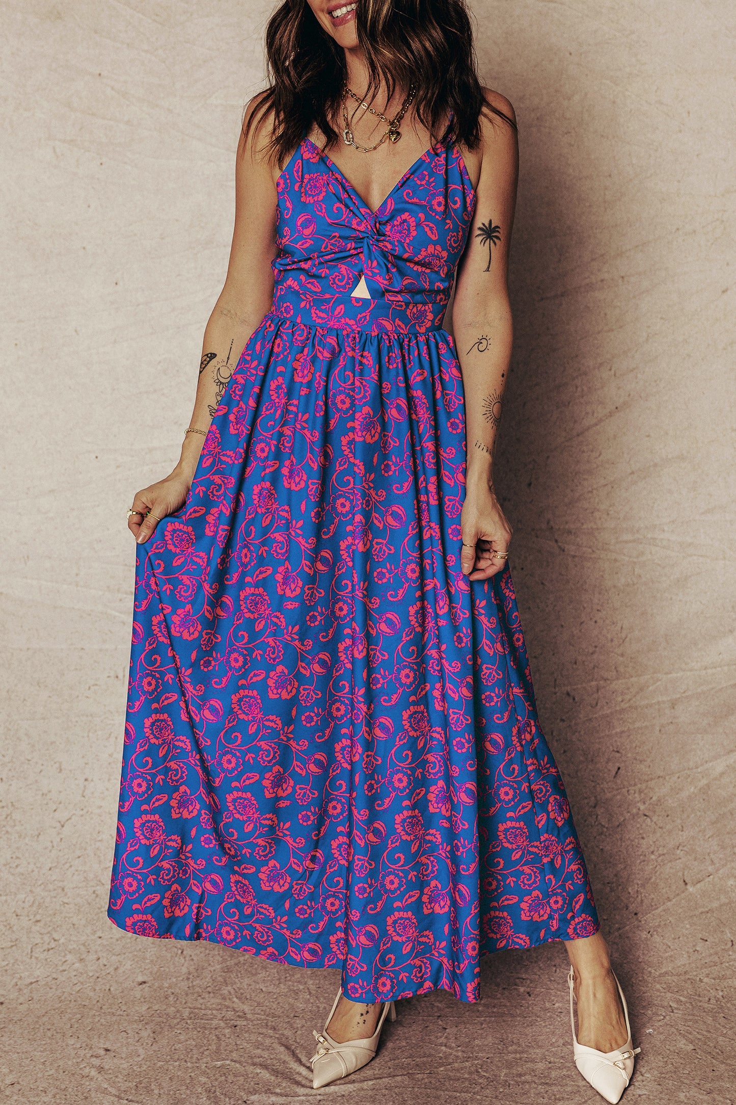 Blue Floral Print Twisted V Neck Tied Backless Maxi Dress
