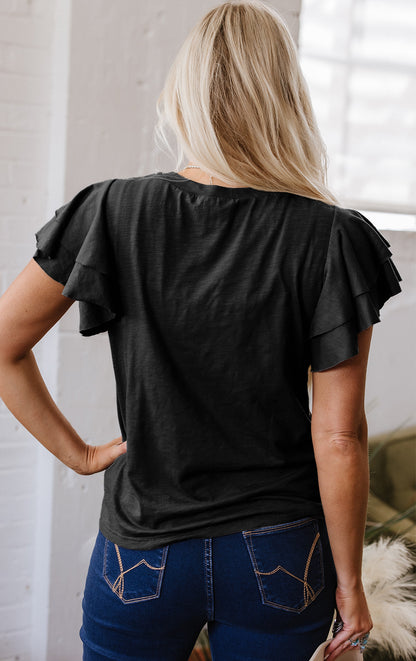 Black Layered Ruffle Short Sleeve Round Neck Top