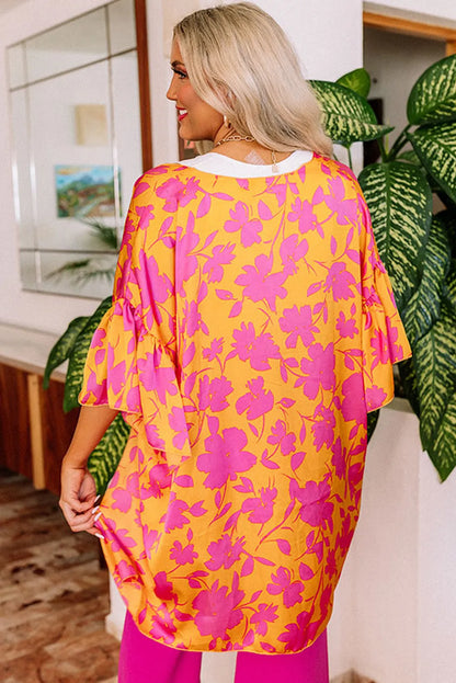 Orange Ruffled 3/4 Sleeve Floral Kimono - Chic Meadow Boutique 