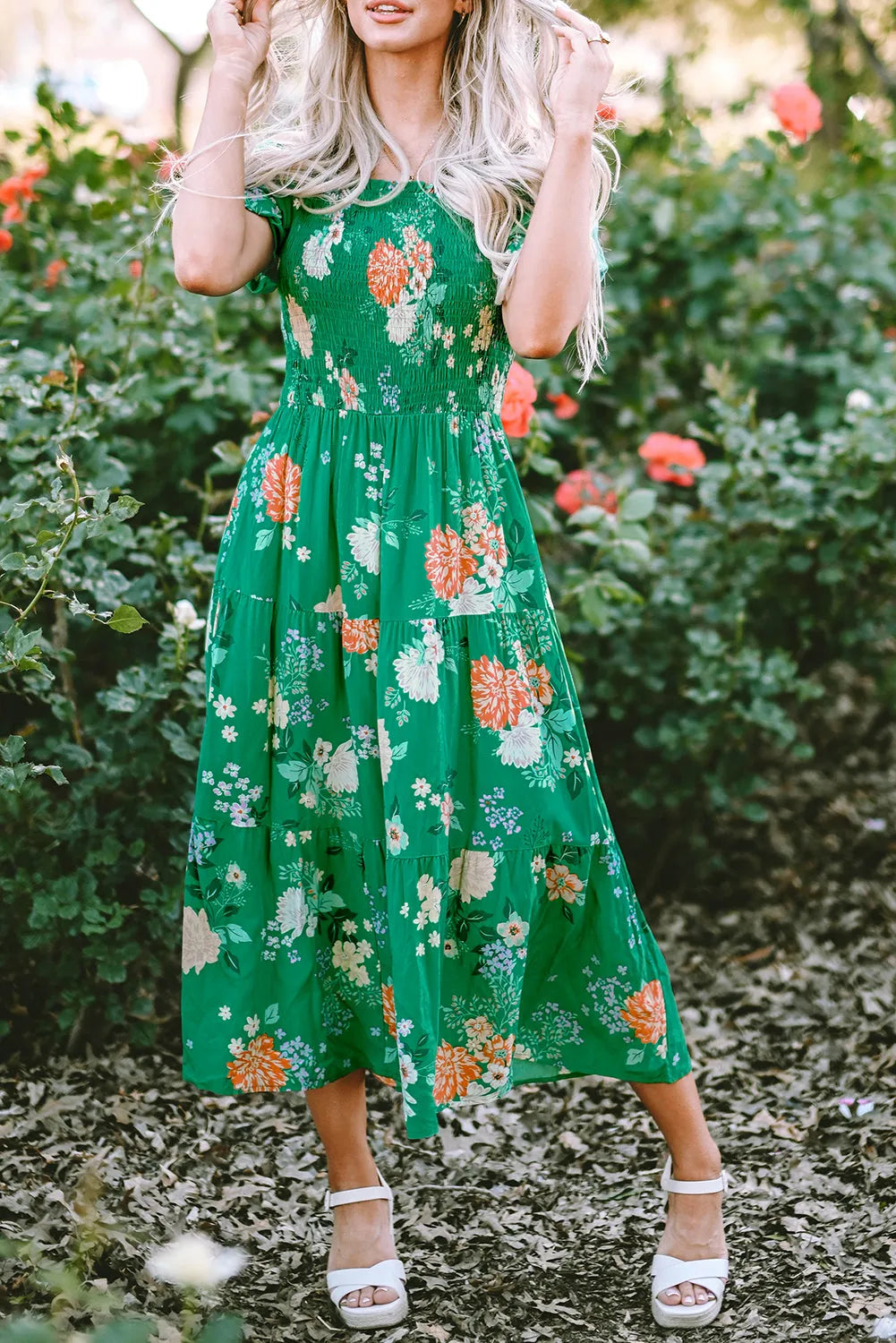 Green Floral Print Bubble Sleeve Smocked Tiered Midi Dress - Chic Meadow Boutique 