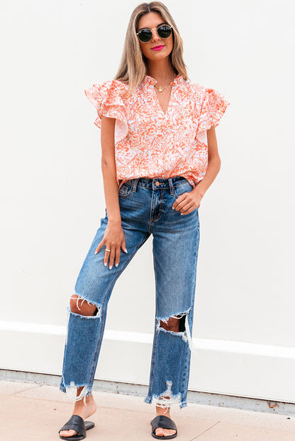Orange Floral Ruffle Sleeve Split Neck Blouse