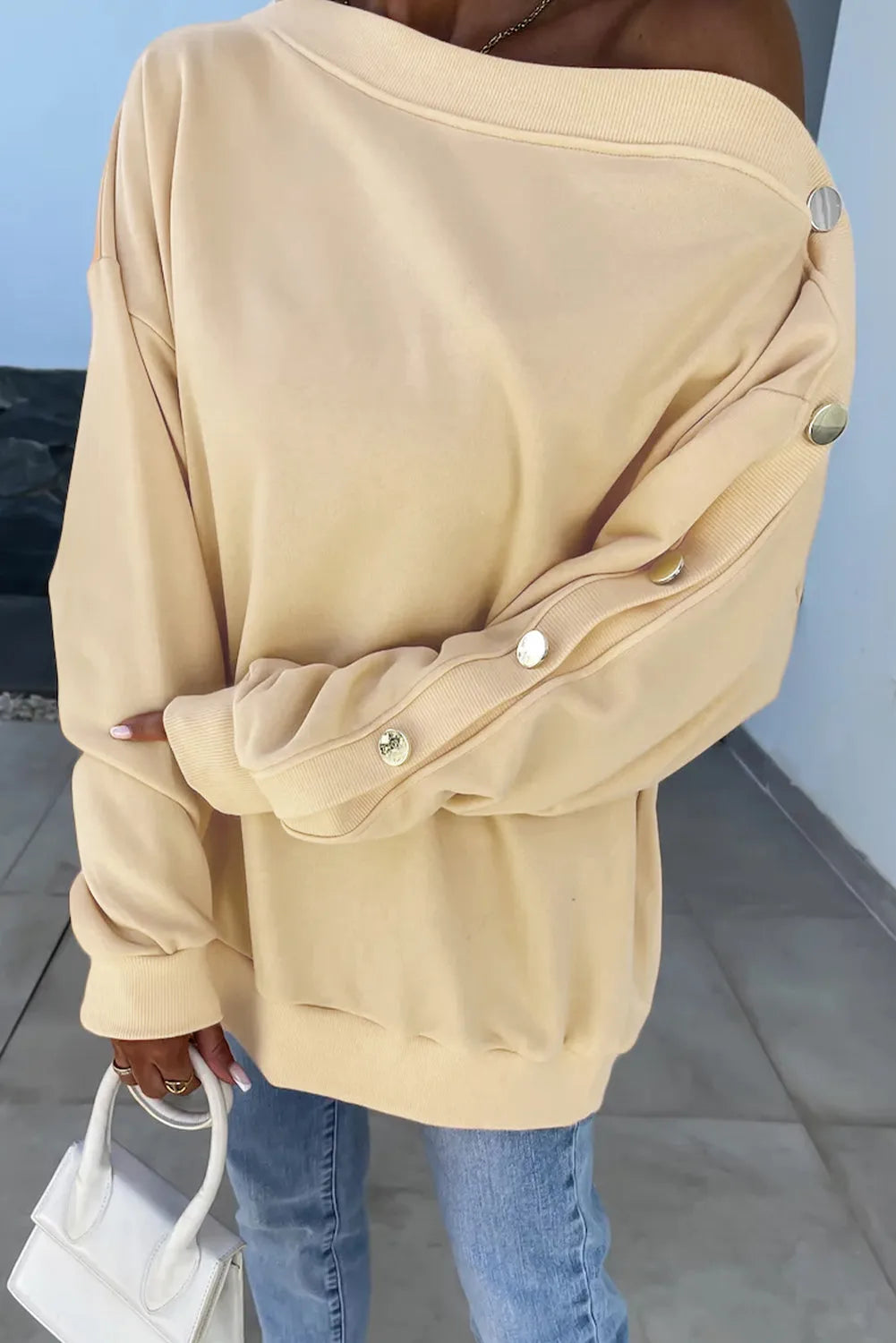 Beige Buttoned Sleeve Dropped Shoulder Sweatshirt - Chic Meadow Boutique 