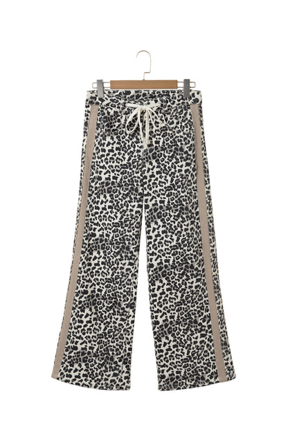 Khaki Leopard Print Drawstring Waist Straight Leg Jeans