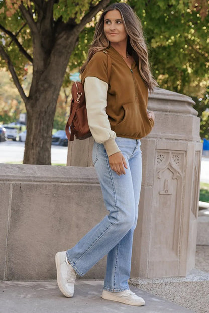 Chestnut Color Block Half Zip Kangaroo Pocketed Hoodie - Chic Meadow Boutique 