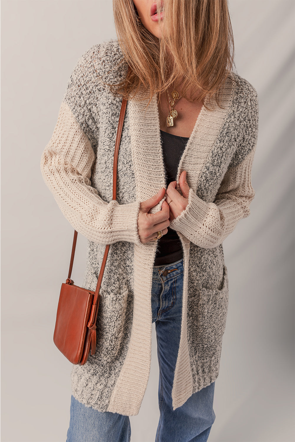 High Color Block Side Pockets Open Front Cardigan
