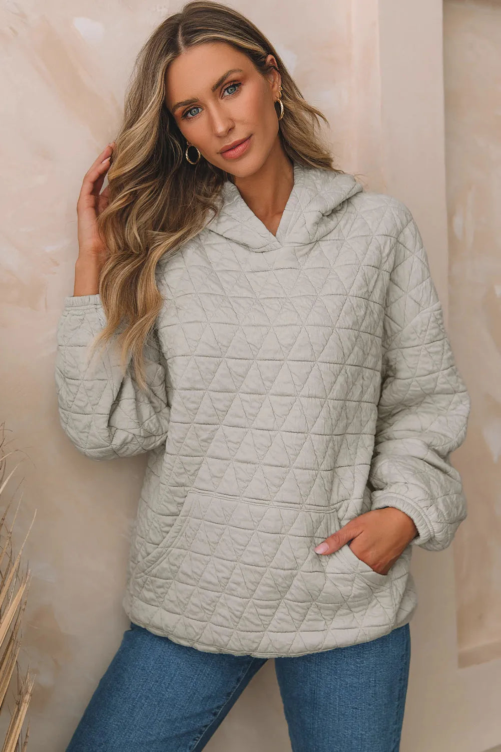 Light Grey Solid Color Quilted Kangaroo Pocket Hoodie - Chic Meadow Boutique 