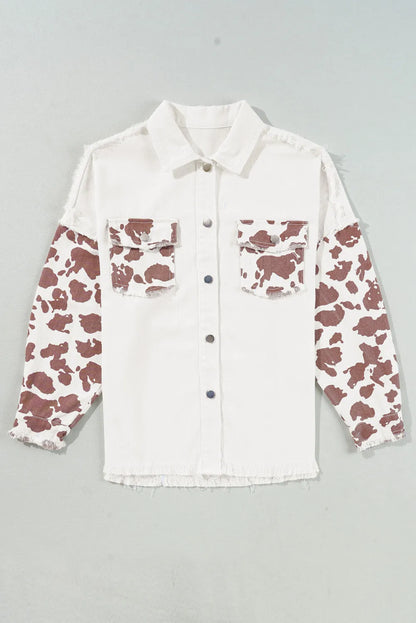 White Cow Spot Patchwork Flap Pocket Distressed Hem Long Denim Jacket