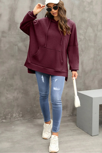 Red Dahlia Waffle Knit Fleece Lined High Low Oversized Hoodie - Chic Meadow Boutique 