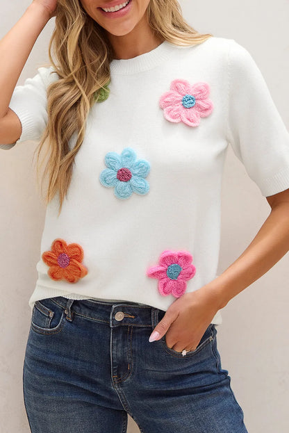 White Cute Flower Applique Short Sleeve Sweater - Chic Meadow Boutique 